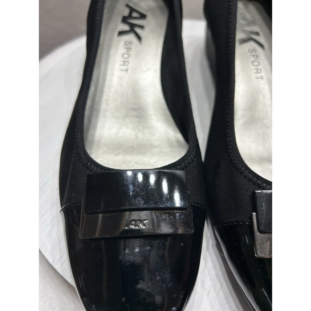 Ak Anne Klein Sport Wedge Shoes Patent Black Fabric Buckle Women's 10M
